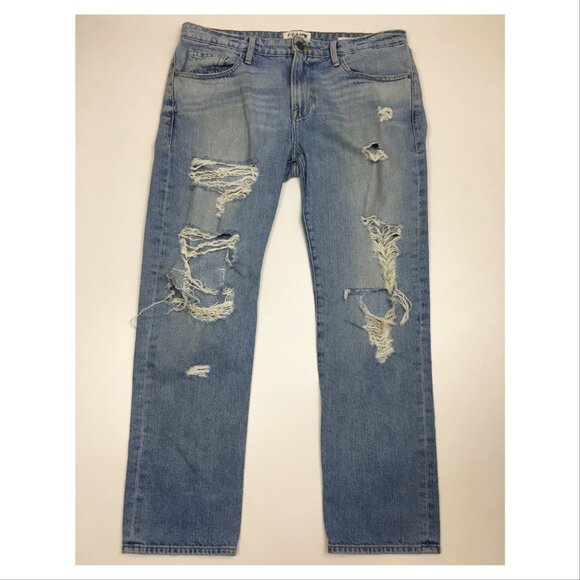 FRAME Denim Le Grand Garcon Richmond Wash Distressed 5Pocket Logo Hardware Jeans - Picture 1 of 14